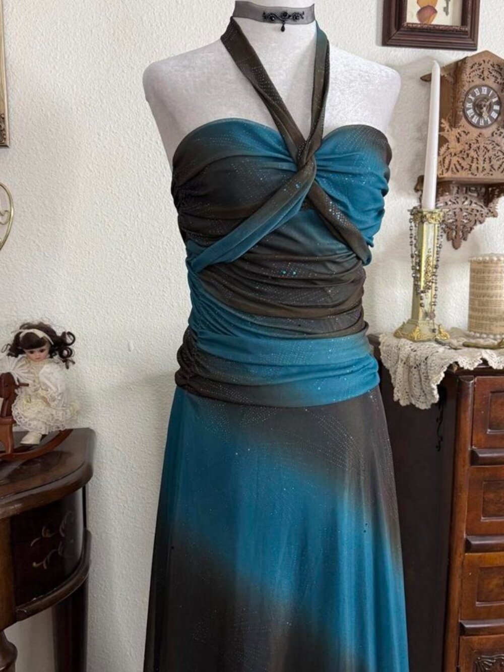 Y2k whimsical fairy grunge brown and teal blue sparkly glitter mesh halter maxi - Picture 2 of 6